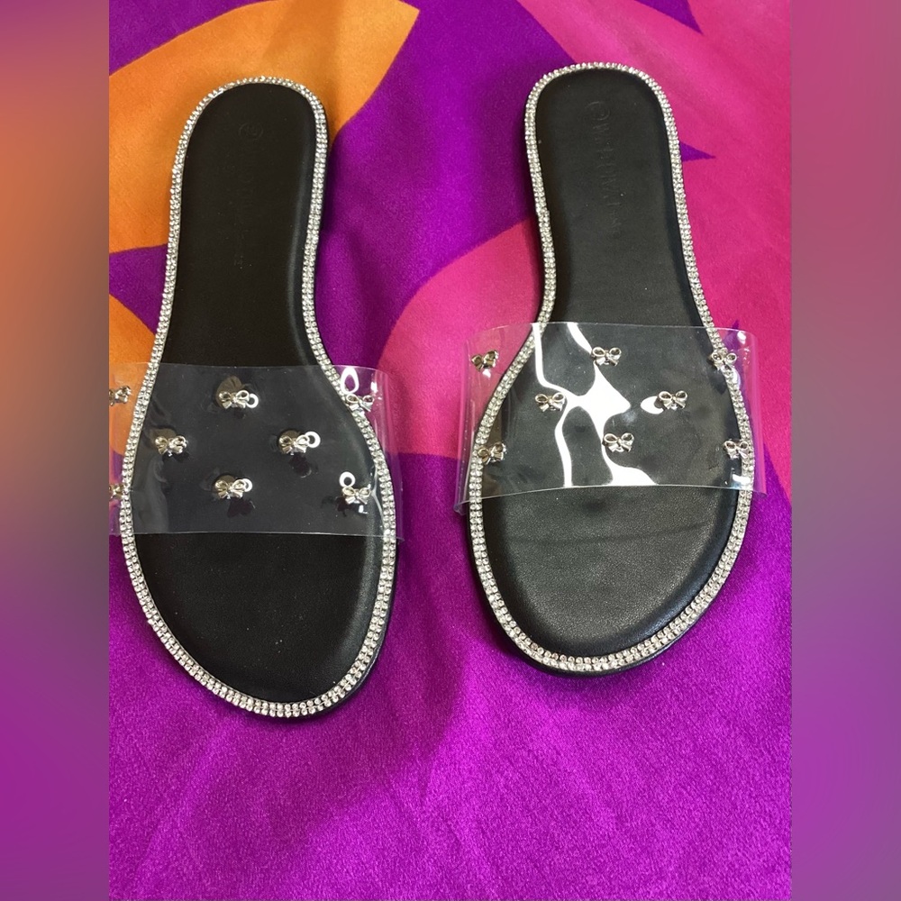 Clear Strap Black Slide Sandals with Silver Metal Bows & Rhinestone Trim 10